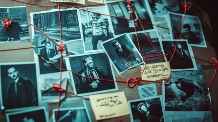 Загадочная доска для расследований, содержащая многочисленные фотографии и подсказки, которые приводят к интригующим открытиям - Neirfy