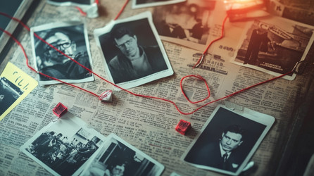 Завораживающий коллаж из различных вещественных доказательств и фотографий, искусно соединенных нитями на большой доске - Neirfy