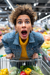 Женщина выражает свое потрясение и удивление в оживленном продуктовом магазине, переполненном свежими продуктами - Neirfy