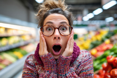 Женщина выражает свое потрясение и удивление в оживленном продуктовом магазине, переполненном свежими продуктами - Neirfy