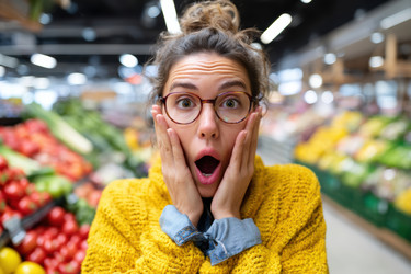 Женщина выражает свое потрясение и удивление в оживленном продуктовом магазине, переполненном свежими продуктами - Neirfy