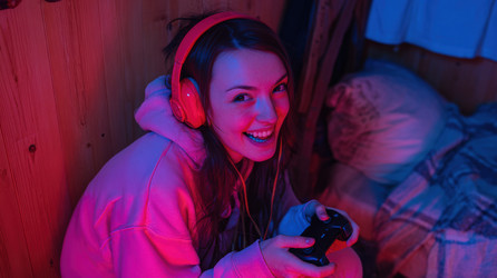 Восторженный геймер в наушниках, увлеченно играющий в видеоигры - Neirfy