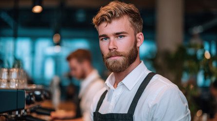 Focused baristas in aprons prepare coffee in a chic caf� setting, showcasing dedication and professionalism - Neirfy