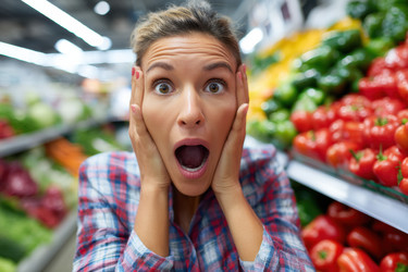 Женщина выражает свое потрясение и удивление в оживленном продуктовом магазине, переполненном свежими продуктами - Neirfy