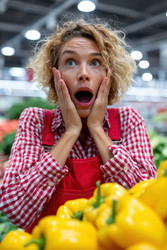 Женщина выражает свое потрясение и удивление в оживленном продуктовом магазине, переполненном свежими продуктами - Neirfy