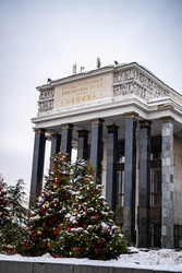 Зимний вид библиотеки Ленина в Москве с новогодними елками у входа - SanPhoto
