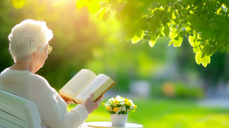 Пожилая женщина наслаждается чтением увлекательной книги в прекрасный солнечный день в своем тихом саду - Neirfy