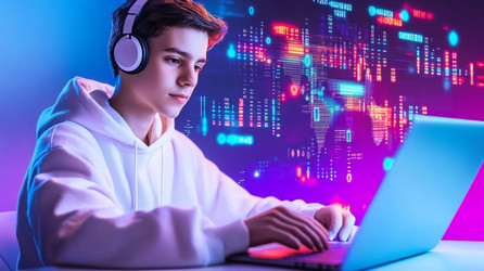Целеустремленный и сосредоточенный молодой программист эффективно работает за своим ноутбуком в цифровой среде - Neirfy