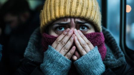 Мужчина в зимней одежде глубоко погружен в размышления, ощущая холодную погоду в общественном транспорте - Neirfy
