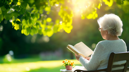 Пожилая женщина наслаждается чтением увлекательной книги в прекрасный солнечный день в своем тихом саду - Neirfy