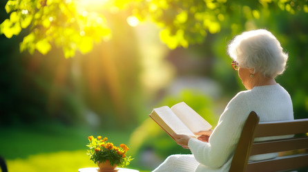 Пожилая женщина наслаждается чтением увлекательной книги в прекрасный солнечный день в своем тихом саду - Neirfy