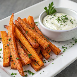 Картофель фри из моркови, подается с чесночным йогуртовым соусом на белой тарелке. Генеративный искусственный интеллект - RomanZ