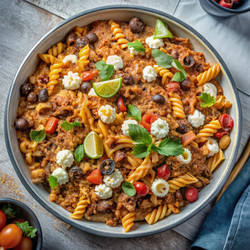 Паста с тако и сыром, с яркими начинками и зеленью, подается в миске. Генеративный искусственный интеллект - RomanZ