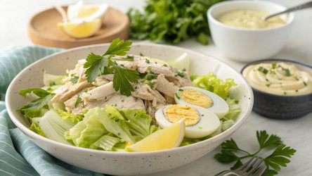 Свежий куриный салат с вареными яйцами и лимоном, красиво оформленный. Генеративный искусственный интеллект - RomanZ