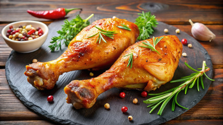 Вкусные отварные куриные ножки, поданные на сланцевом блюде с зеленью и специями. Генеративный искусственный интеллект - RomanZ