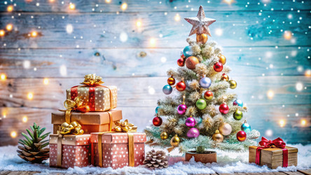 New Year’s Card Design Featuring Decorated Fir Tree and Gifts. Generative AI - RomanZ
