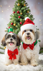 Очаровательные ши-тцу в праздничных нарядах радостно позируют у рождественской елки. Генеративный ИИ - RomanZ