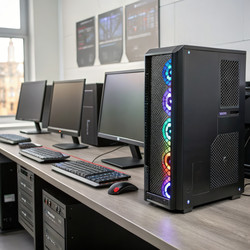 Различные компьютерные конфигурации с использованием настольных компьютеров в современном рабочем пространстве. Генеративный ИИ - RomanZ