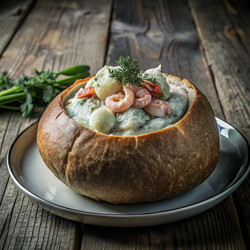 Хлебная миска с морепродуктами, фаршированная начинкой, подается на деревенском деревянном столе. Генеративный искусственный интеллект - RomanZ