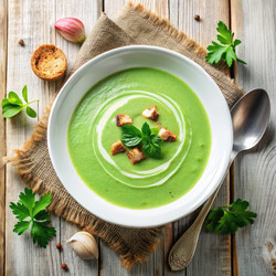 Вкусный зеленый крем-суп, подаваемый в миске с хрустящей посыпкой. Генеративный искусственный интеллект - RomanZ