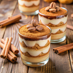 Вкусный тирамисуз с печеньем Biscoff, поданный в элегантных бокалах на деревянном столе. Генеративный искусственный интеллект - RomanZ
