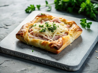 Вкусная датская выпечка с ветчиной и сыром на серой каменной поверхности. Генеративный искусственный интеллект - RomanZ