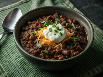 Вкуснейшая порция домашнего органического говяжьего чили с добавками. Генеративный искусственный интеллект - RomanZ