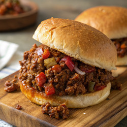 Вкусный домашний сэндвич «Слоппи Джо», поданный на деревянной доске. Генеративный искусственный интеллект - RomanZ