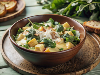 Вкусная тарелка с сырным соусом и свежей зеленью на деревянном столе. Генеративный искусственный интеллект - RomanZ