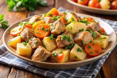 Сочные кубики свинины, приготовленные до совершенства с морковью и картофелем, — сытное блюдо. Генеративный искусственный интеллект - RomanZ