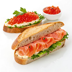 Вкусный сэндвич с филе лосося и свежими ингредиентами на белом фоне. Генеративный ИИ - RomanZ
