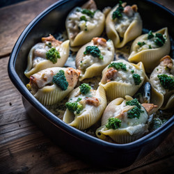 Запеченные ракушки с курицей, брокколи и соусом Альфредо — готовы к подаче. Генеративный искусственный интеллект - RomanZ