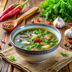 Вкусный травяной суп из свежих ингредиентов, приготовленный на деревенской кухне. Генеративный искусственный интеллект - RomanZ