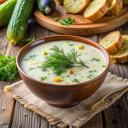 Сливочный суп с маринованными огурцами, украшенный свежей зеленью, в деревенской обстановке. Генеративный искусственный интеллект - RomanZ