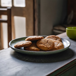 Домашнее тонкое печенье с корицей и имбирем на деревенской тарелке при естественном освещении. Генеративный ИИ - RomanZ