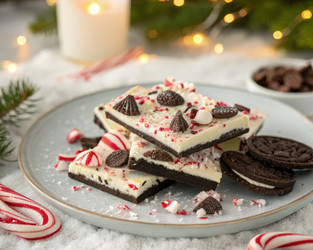 Праздничная мятная шоколадная плитка Oreo на декоративной тарелке в окружении новогодних украшений. Генеративный искусственный интеллект - RomanZ