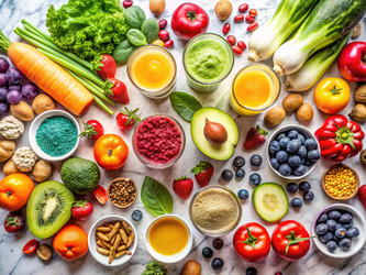 Яркая композиция из красочных, полезных продуктов и напитков на мраморном столе. Генеративный искусственный интеллект - RomanZ