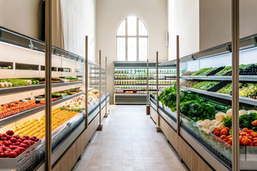 Ярко освещенный продуктовый ряд, демонстрирующий свежие продукты в современном магазине. Генеративный искусственный интеллект - RomanZ