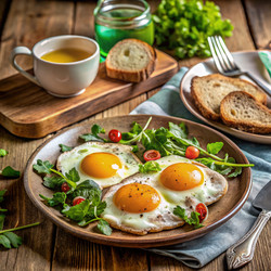 Вкусный завтрак с жареными яйцами и свежей зеленью на деревенском столе. Генеративный искусственный интеллект - RomanZ