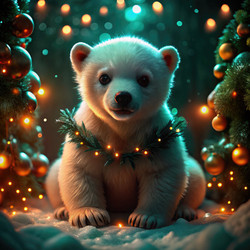 Детеныш белого медведя в стиле чиби мирно отдыхает среди рождественских гирлянд. Генеративный ИИ - RomanZ