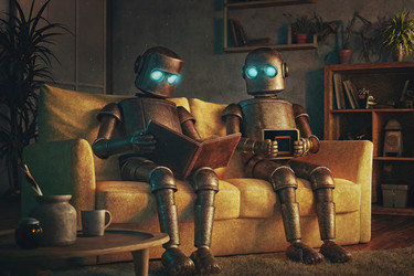 Роботы наслаждаются тихим вечером с книгами на желтом диване. Генеративный ИИ - RomanZ