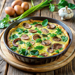 Вкусная фриттата со шпинатом и грибами, приготовленная на деревянном столе. Генеративный искусственный интеллект - RomanZ