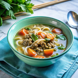 Ароматный суп с лапшой и гамбургером, свежей зеленью и овощами, подается в миске. Генеративный ИИ - RomanZ