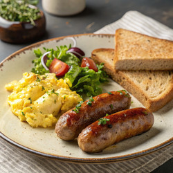 Вкусный завтрак: жареные во фритюре сосиски с яичницей-болтуньей и тостами. Генеративный ИИ - RomanZ
