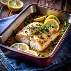 Вкуснейшая треска, запеченная с лимоном и травами, с ломтиками свежего лимона на деревянном столе. Генеративный ИИ - RomanZ