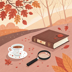 Обложка комикса Fall Detective Story с изображением чашки кофе и увеличительного стекла. Генеративный ИИ - RomanZ