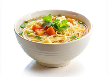 Вкусный суп с лапшой в белой миске, подается со свежей зеленью и овощами. Генеративный искусственный интеллект - RomanZ