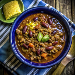 Вкусный чили, поданный в миске с кукурузным хлебом на деревенском деревянном столе. Генеративный искусственный интеллект - RomanZ