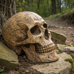 Потрясающий череп смерти с полыми глазницами на лесной тропе. Генеративный ИИ - RomanZ