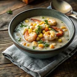 Вкусный суп из сладкой кукурузы и креветок в деревенской тарелке. Генеративный искусственный интеллект - RomanZ
